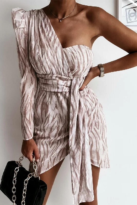 Animal Print One Shoulder Mini Dress Chic Puff Sleeve Mini Dress
