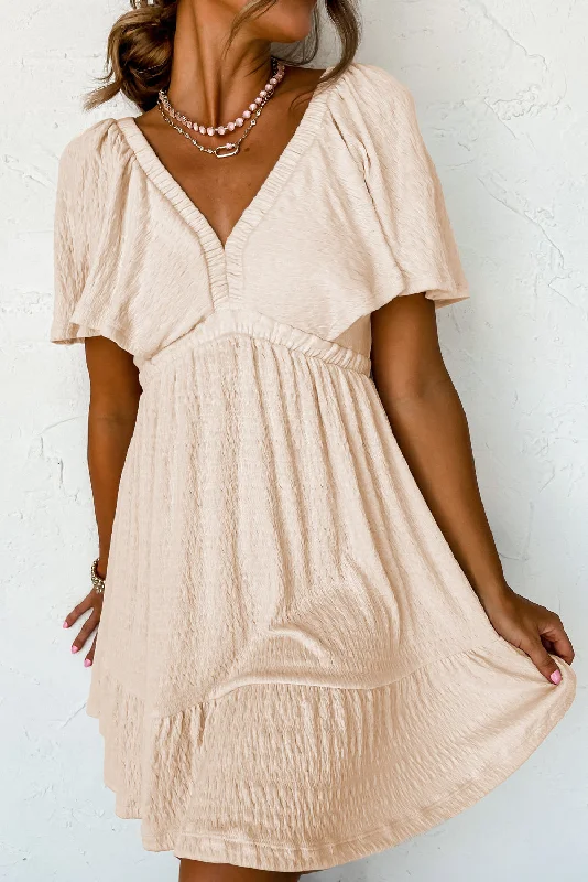 Beige Textured Deep V Neck Cutout Back Mini Dress Cozy Cowl Neck Mini Dress