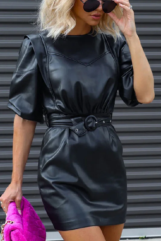 Beyond Fabulous Belted Faux Leather Mini Dress Classic Floral Mini Dress