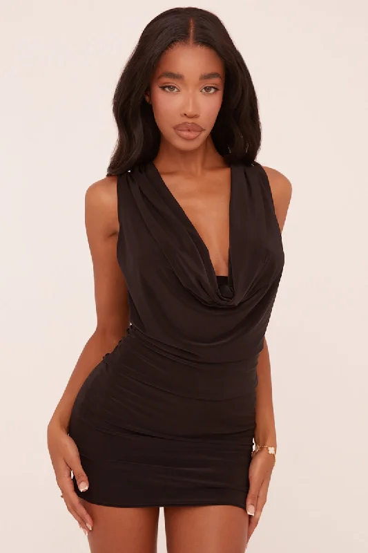 Black Cowl Neck Sleeveless Bodycon Mini Dress - Clara Chic Pleated Mini Dress