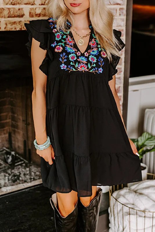 Black Floral Embroidered Tiered Ruffled Mini Dress Comfortable One-Shoulder Mini Dress Black Floral Embroidered Tiered Ruffled Mini Dress Comfortable One-Shoulder Mini Dress