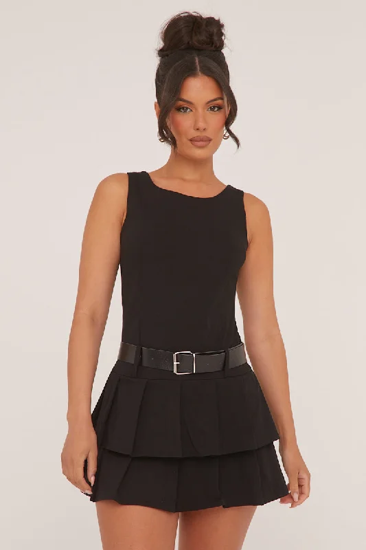 Black Pleated Belt Detail Mini Dress - Bobbie Trendy Mesh Mini Dress