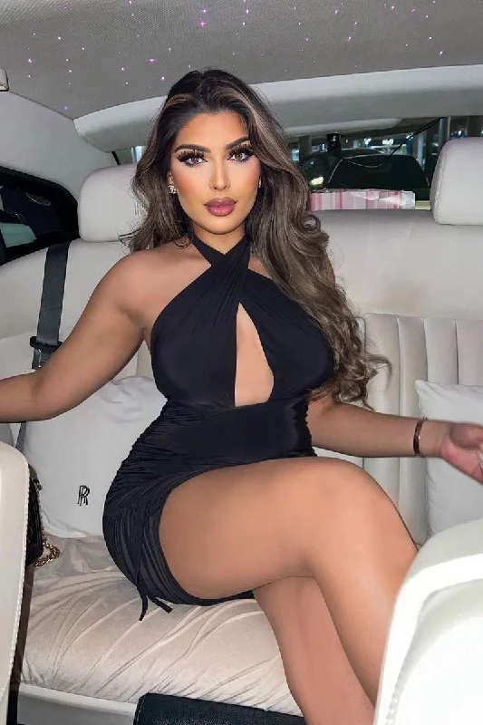 Black Slinky Ruched Halter Neck Mini Dress - Raylinn Trendy Tie-Dye Mini Dress