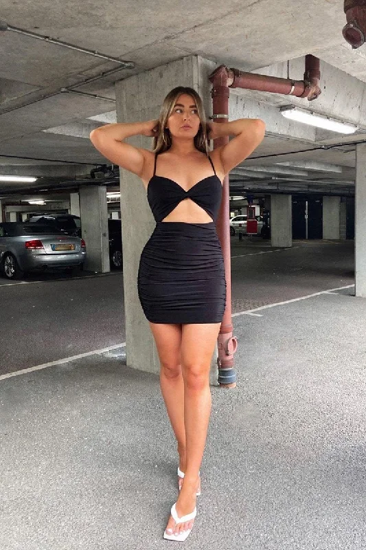 Black Twist Front Slinky Mini Dress - Kambry Cozy A-Line Mini Dress