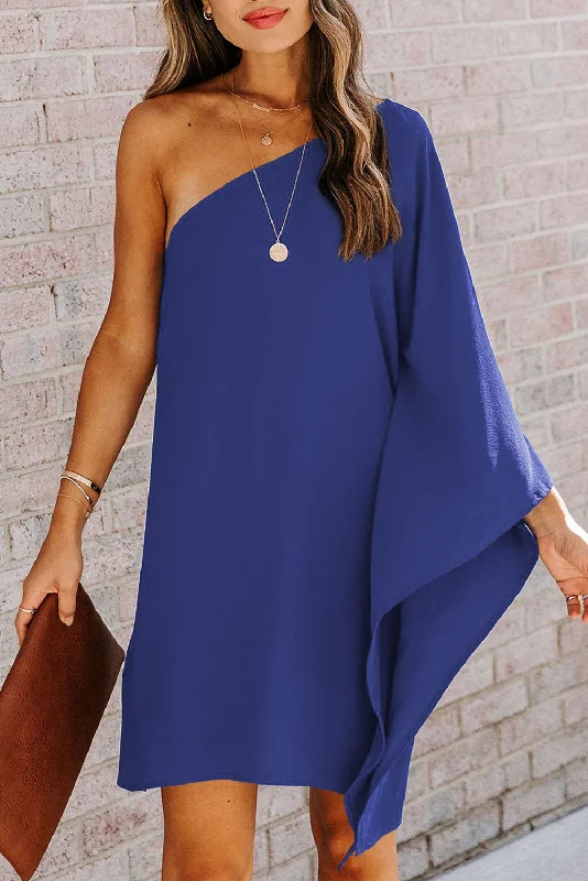 Blue Solid Color One Shoulder Batwing Sleeve Mini Dress Stylish Ribbed Mini Dress