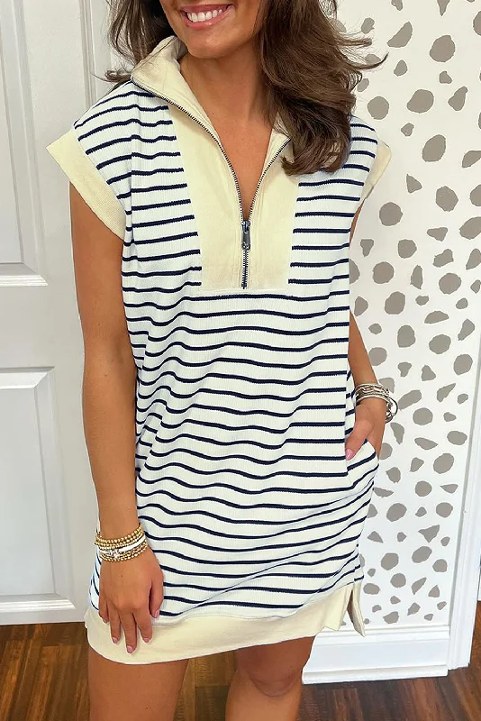 Blue Stripe Quarter Zip Collared Cap Sleeve Mini Dress Trendy Floral Mini Dress