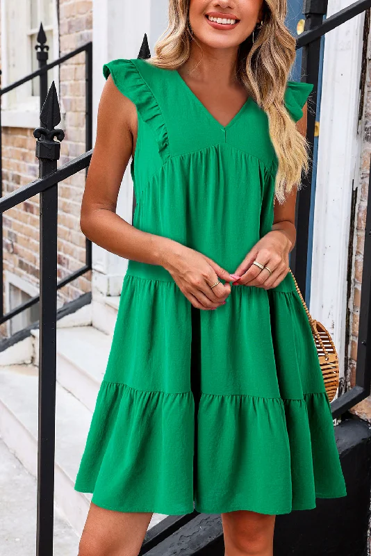 Bright Green Solid Color V Neck Ruffle Tiered Mini Dress Comfortable Off-Shoulder Mini Dress Bright Green Solid Color V Neck Ruffle Tiered Mini Dress Comfortable Off-Shoulder Mini Dress