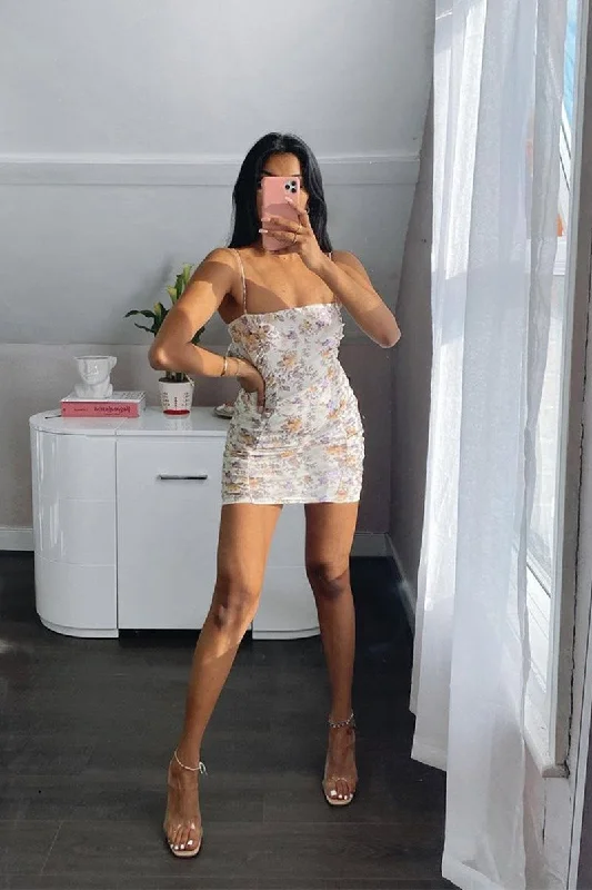 Cream Floral Ruched Mini Dress - Ilani Classic Casual Mini Dress