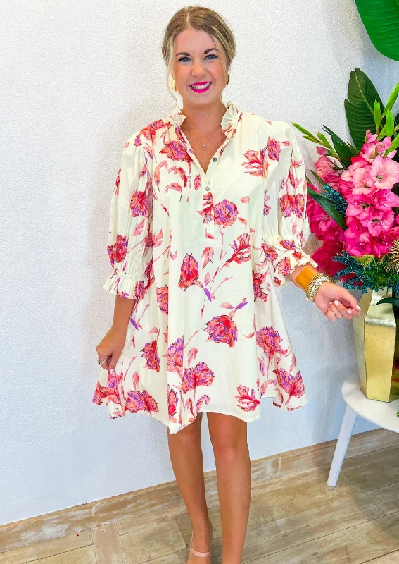Falling Flowers Mini Dress - Cream Chic Bohemian Mini Dress