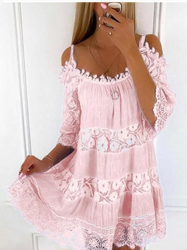 Fashion Cold Shoulder Lace Lined Mini Dress Comfortable Polka Dot Mini Dress