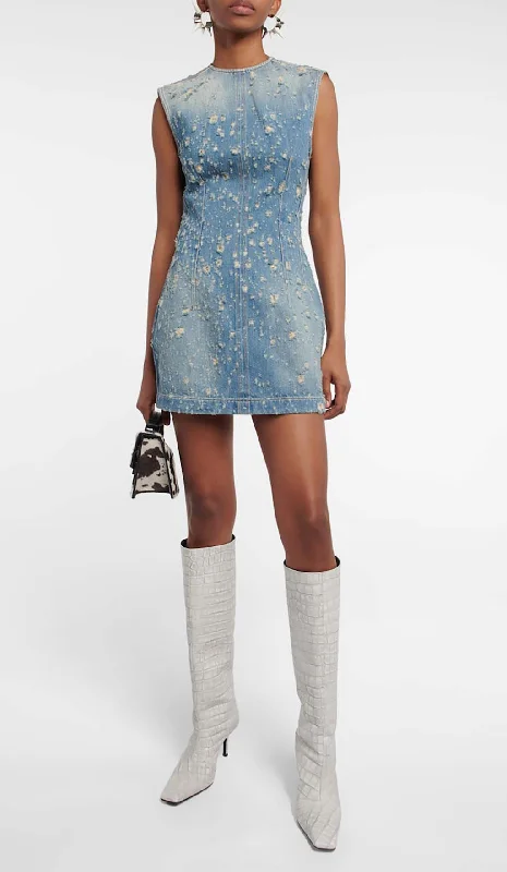 FRAYED DENIM MINI DRESS Fashionable Off-Shoulder Mini Dress