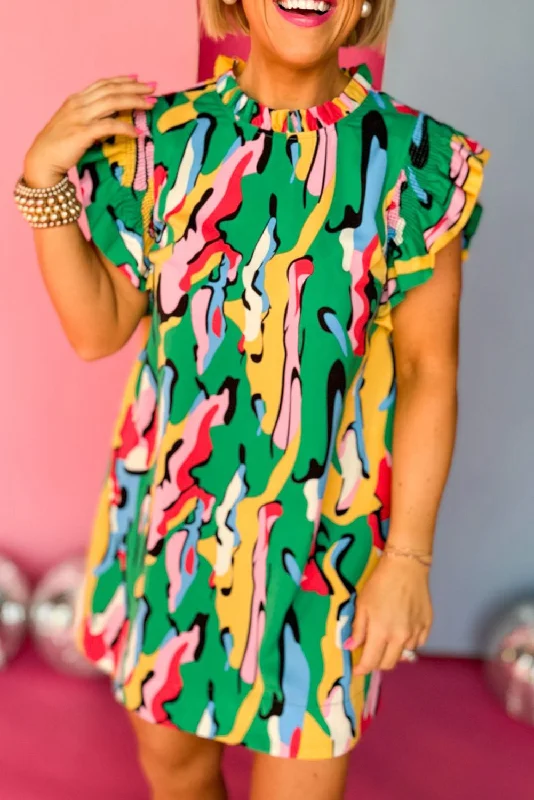 Green Abstract Print Frilled Neck Ruffled Sleeve Mini Dress Fashionable Mini Dress with Pockets Green Abstract Print Frilled Neck Ruffled Sleeve Mini Dress Fashionable Mini Dress with Pockets