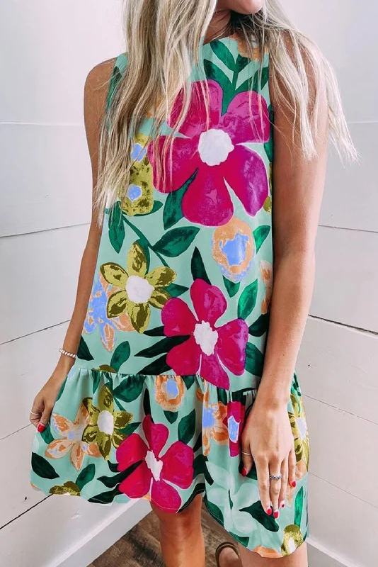 Green Flower Print Ruffled Loose Fit Sleeveless Mini Dress Casual High-Waist Mini Dress Green Flower Print Ruffled Loose Fit Sleeveless Mini Dress Casual High-Waist Mini Dress