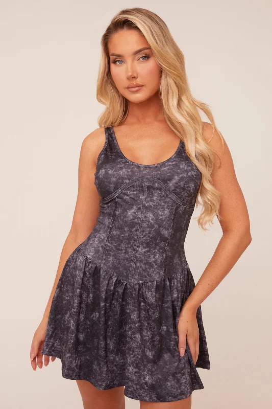 Grey Acid Wash Corset Detail Mini Dress - Mary Chic Bohemian Mini Dress