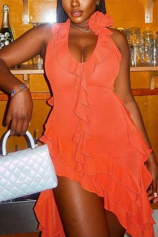 HALTER RUFFLES MINI DRESS Comfortable Linen Mini Dress
