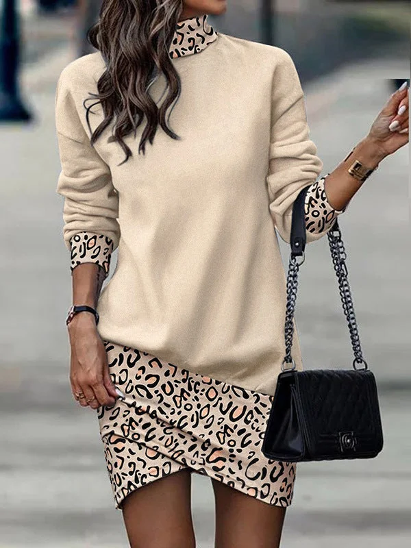 High Neck Long Sleeve Print Cross Split Mini Dress Comfortable Ruffle Mini Dress