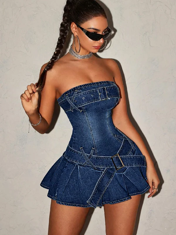 ICON WOMEN S SUMMER WASHED PLEATED SLIM FIT MINI STRAPLESS DENIM DRESS Chic Puff Sleeve Mini Dress ICON WOMEN S SUMMER WASHED PLEATED SLIM FIT MINI STRAPLESS DENIM DRESS Chic Puff Sleeve Mini Dress