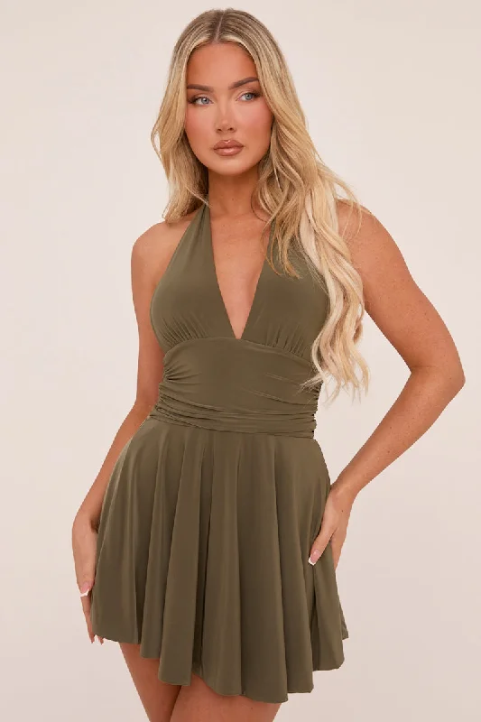 Khaki Halter Plunge Neck Mini Dress - Pippa Comfortable Casual Mini Dress