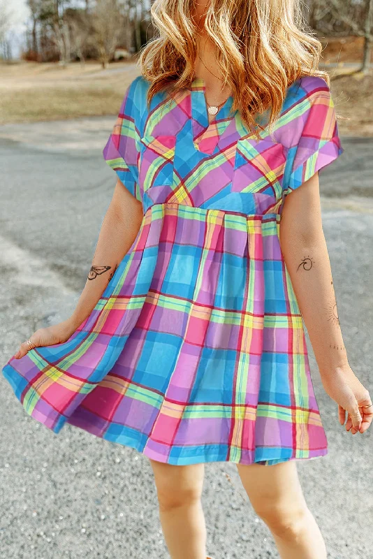 Light Blue Multicolor Plaid Short Sleeve Babydoll Mini Dress Chic Sleeveless Mini Dress Light Blue Multicolor Plaid Short Sleeve Babydoll Mini Dress Chic Sleeveless Mini Dress