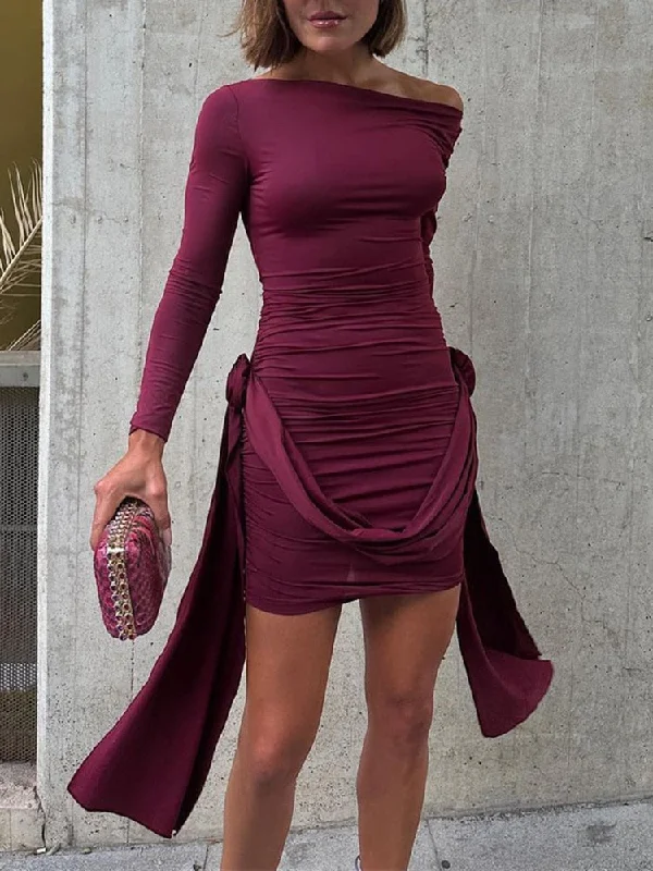 Lizakosht Flower Bodycon Dress For Women Pleated Slim Long Sleeve Dress Solid Sexy Holiday Beach Casual Summer Mini Dresses Women's Elegant Silk Mini Dress