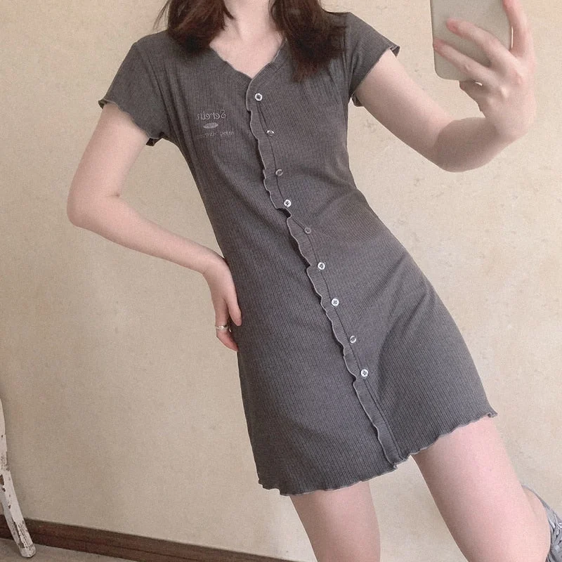 Lizakosht Gray Dress Women Summer Letter Embroidery V-Neck Button Decoration Mini Dresses Trendy Lace Mini Dress