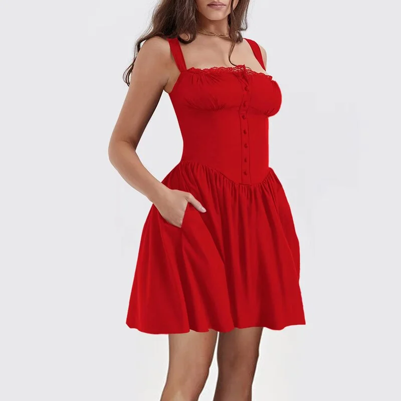 Lizakosht Sweet Lady Strapless Lace Hem Party Dress Women Off Shoulder Button Lace Mini Dress Spring Summer Backless Tie-up Bandage Dress Stylish Sweetheart Neck Mini Dress