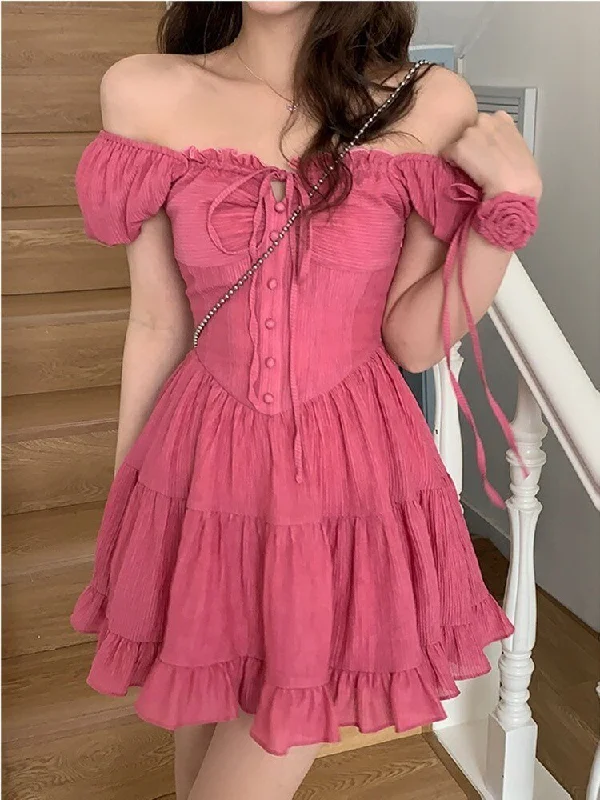 Lizakosht Women Rose Red Sweet High Waist Mini Dress Female Y2k Square Collar A-line Ruffle Holiday Dress Botton Solid Prom Dress Comfortable Zip-Up Mini Dress