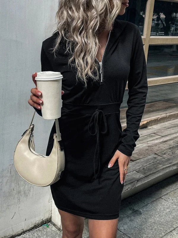 Long Sleeve Zip Up Hooded Drawstring Mini Dress Elegant Sequin Mini Dress
