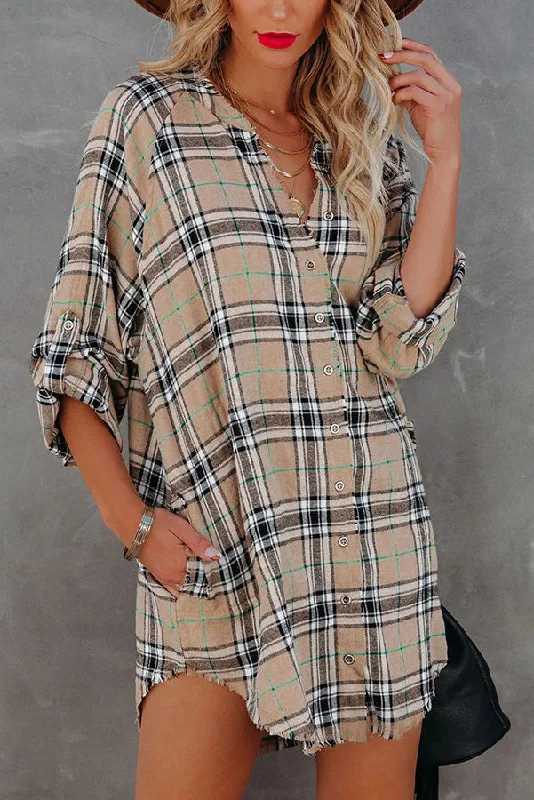 Malia Pocketed Plaid Button Down Tunic Mini Dress Elegant Velvet Mini Dress