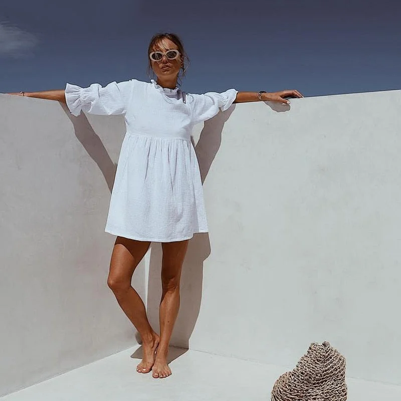 Muiches Casual Stand Collar Flare Sleeve Ruffles Mini Dress Woman Loose High Waist Sweet Cotton White Holiday Dress 2021 Summer Trendy Wraparound Mini Dress Muiches Casual Stand Collar Flare Sleeve Ruffles Mini Dress Woman Loose High Waist Sweet Cotton White Holiday Dress 2021 Summer Trendy Wraparound Mini Dress