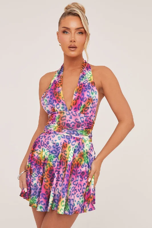 Multi Leopard Print Halter Neck Mini Dress - Aria Elegant Lace Mini Dress