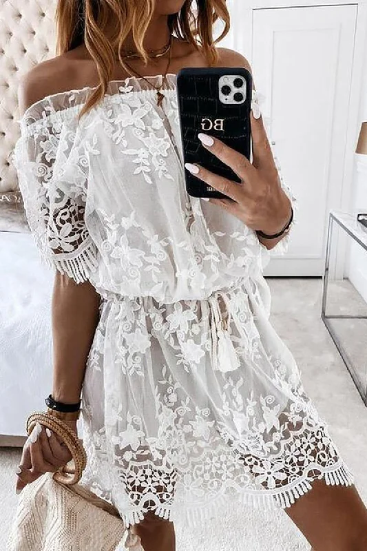 Off Shoulder Lace Mini Dress Stylish Sweetheart Neck Mini Dress