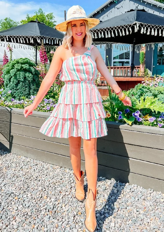 Peachy Keen Mini Dress - Peach Multi Fashionable Pleated Mini Dress