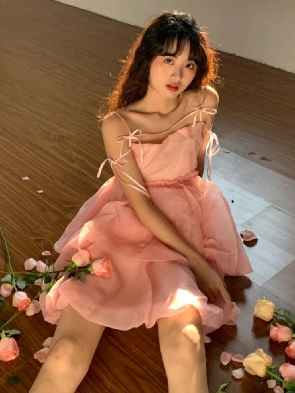 Pink Korean Style Party Mini Dresses Female Vintage Sweet Kawaii Strap Dress Women Summer Casual Beach Princess Fairy Dress 2022 Fashionable Summer Mini Dress