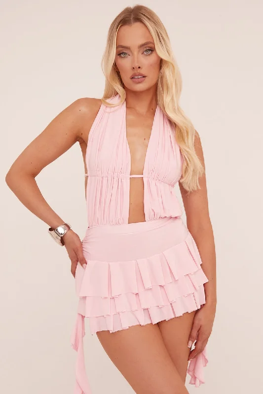 Pink Plunge Neck Frill Detail Mini Dress - Swan Elegant Lace-Up Mini Dress