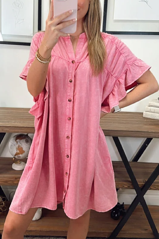 Pink Ruffled Short Sleeve Buttoned Denim Mini Dress Elegant Mini Dress with Ruffles