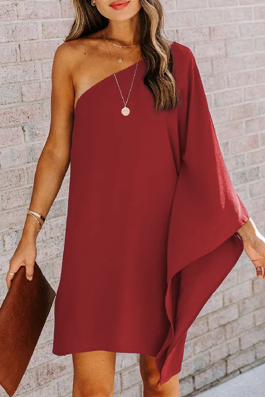 Red Solid Color One Shoulder Batwing Sleeve Mini Dress Stylish Plaid Mini Dress