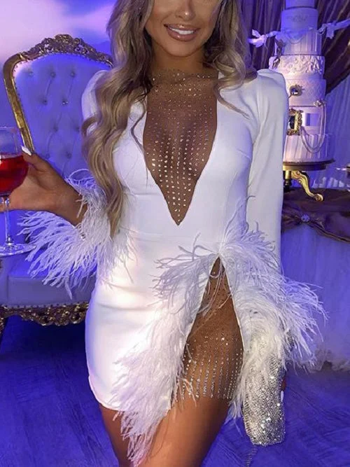 Sexy Deep V Neck Long Sleeve Side Split Fur Mini Dress Modern Satin Mini Dress
