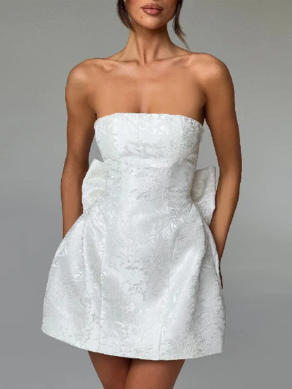 Cosybreezee - Sexy Jacquard Tube Top Mini Dress with Bow Detail Modern Satin Mini Dress