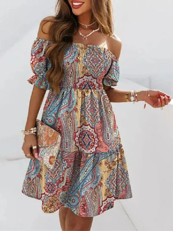 Casual Collar Elegant Ruffle Hem Off Shoulder Mini Dress Comfortable Fit-and-Flare Mini Dress Casual Collar Elegant Ruffle Hem Off Shoulder Mini Dress Comfortable Fit-and-Flare Mini Dress