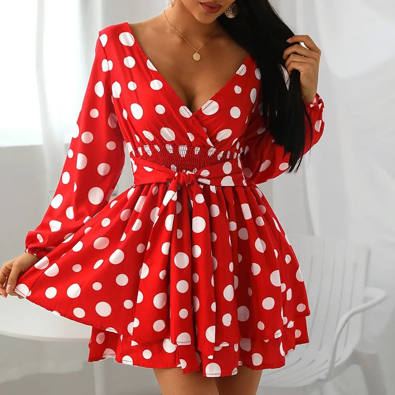 Waist-Tight V-Collar Polka Dot Elegant Mini Dress Trendy Camisole Mini Dress