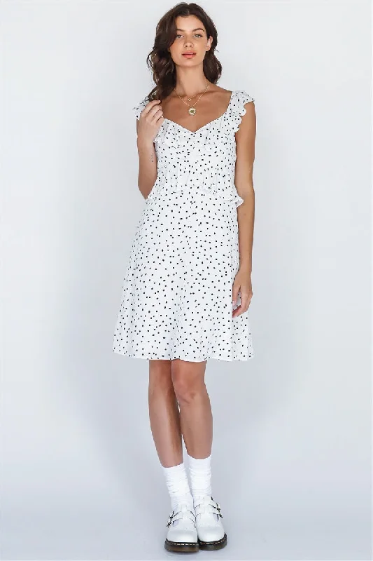 White Black Polka Print Ruched Ruffled V-Neck Mini Dress Classic White Mini Dress