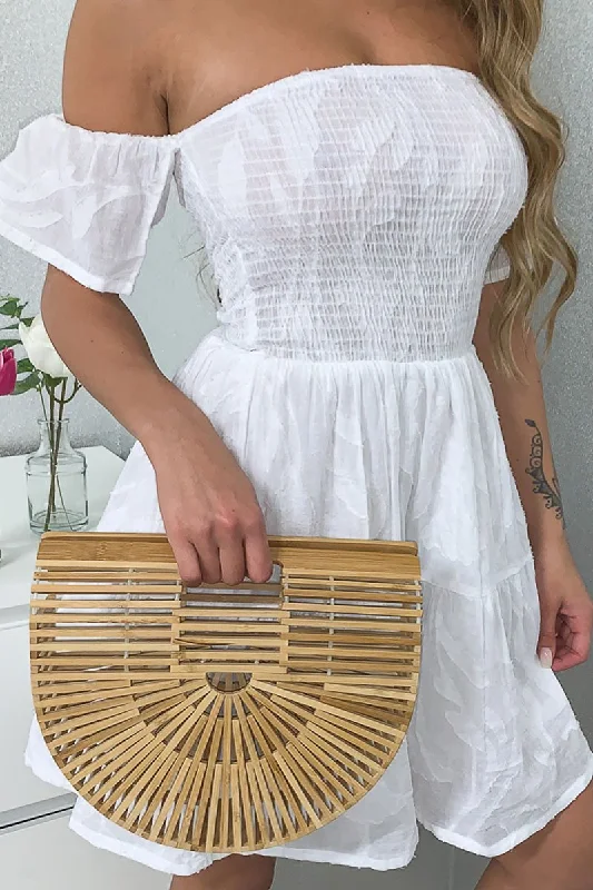 White Shirred Bardot Tiered Textured Mini Dress - Emma Classic Black Mini Dress