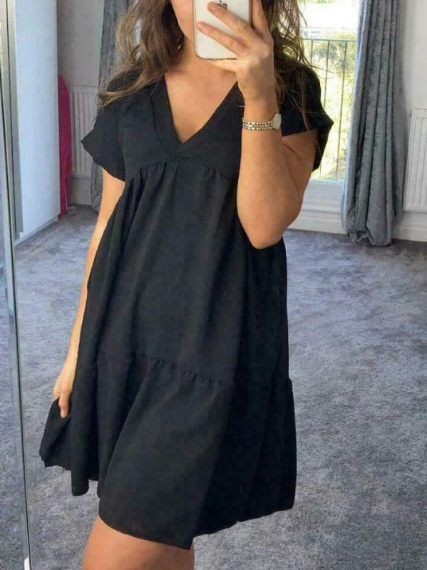 Women's Dresses Casual Solid V-Neck Mini Dress Cozy Wraparound Mini Dress