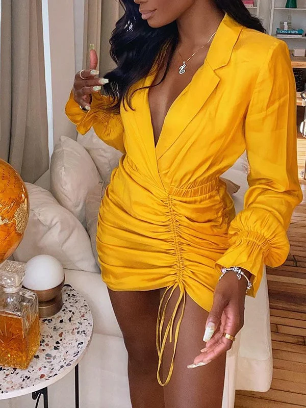Women's Dresses Lapel Drawstring Long Sleeve Mini Dress Chic Sleeveless Mini Dress