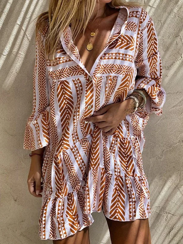 Women's Dresses Printed Button Long Sleeve Mini Dress Classic Shift Mini Dress