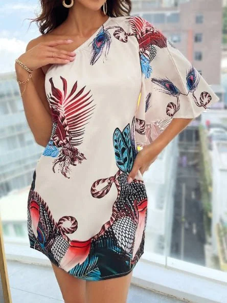 Women's Dresses Printed One Shoulder Mini Dress Cozy Wraparound Mini Dress