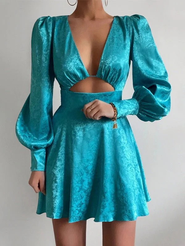 Women's Dresses Printed Satin Hollow Balloon Sleeve Mini Dress Comfortable Polka Dot Mini Dress Women's Dresses Printed Satin Hollow Balloon Sleeve Mini Dress Comfortable Polka Dot Mini Dress