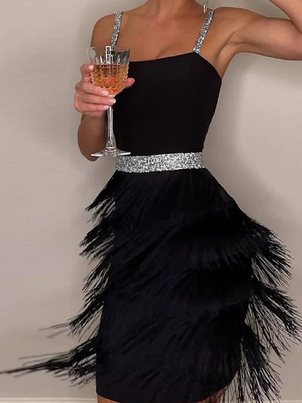 Women's Dresses Shiny Sling Fringe Mini Dress Stylish Puff Sleeve Mini Dress