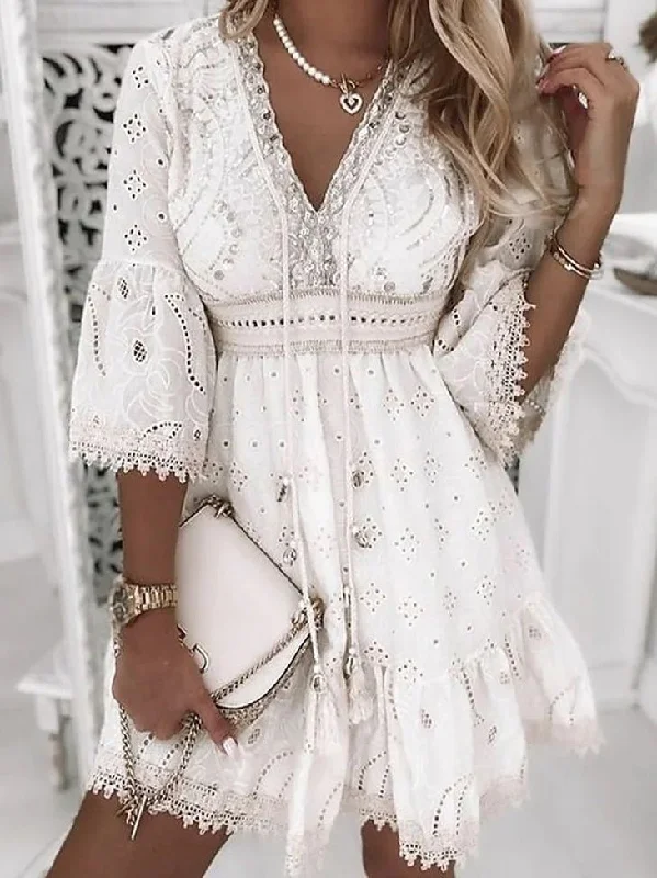 Women's Dresses V-Neck Hollow Fringe Mini Dress Classic Shift Mini Dress